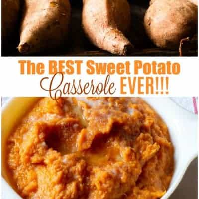 Sweet potato casserole in a vintage Pyrex casserole dish
