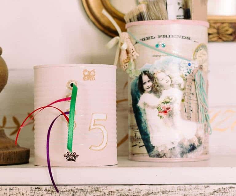 Upcycled Tin cans - one used to organize ribbon and the other with a vintage shabby chic look used to hold crafting paint brushes