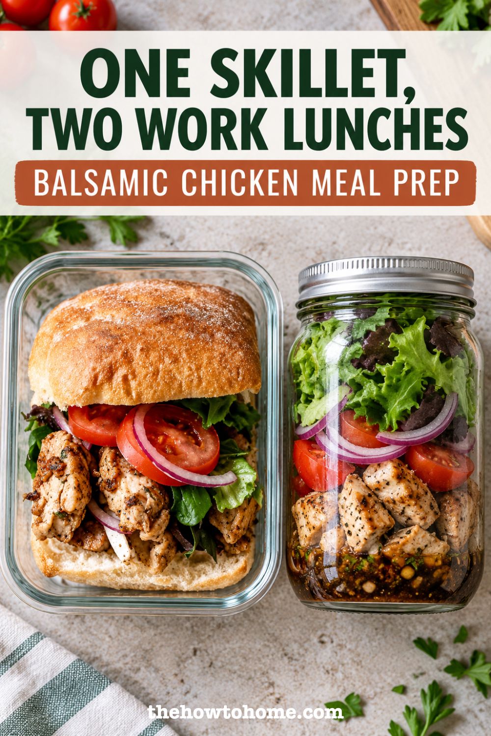 I cook the chicken once and split it two ways for lunch: a ciabatta sandwich in a container for my husband, a salad in a jar with the dressing on the bottom for me. Both keep in the fridge for a couple of days and both start from the same skillet.