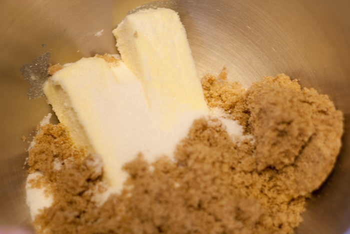 Ingredients to make peanut butter bars in mixing bowl