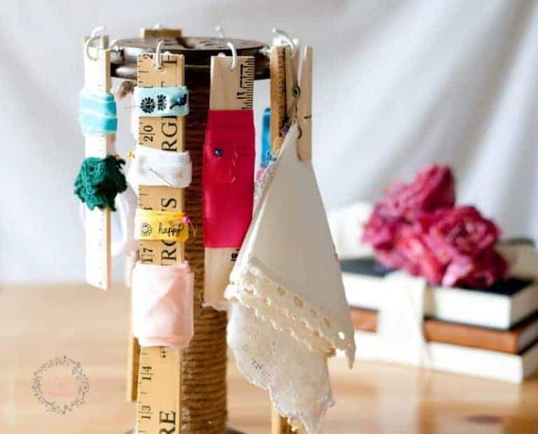Craft Room Organizing with a Vintage Industrial Spool from cupcakesandcrinoline.com #BestofDIY #Vintage