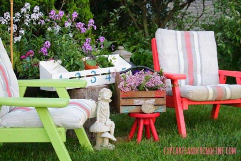 The Secret to Creating a Cozy and Charming Outdoor Space ~ vintage wooden chairs, flower box, french lilacs, rustic wooden box ~ cupcakesandcrinoline.com