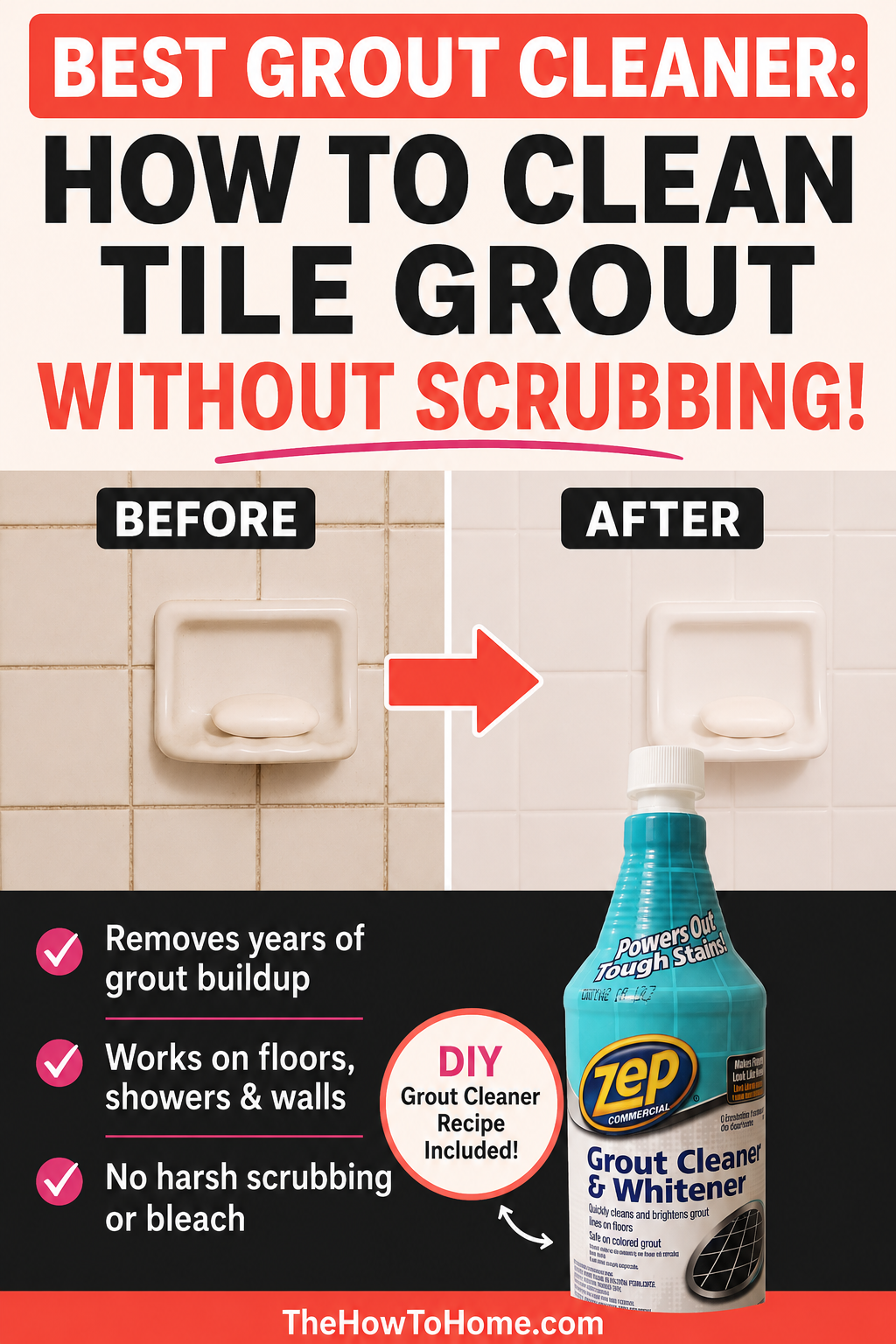 Before and after tile grout cleaned with Zep Grout Cleaner and Whitener showing how to clean tile grout without scrubbing