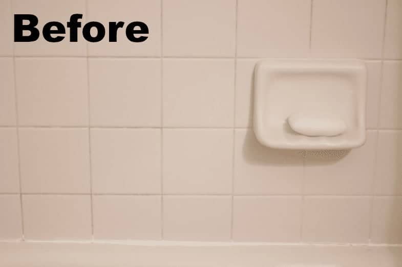 Bathroom tile grout before cleaning with Zep grout cleaner - easiest way to clean grout without scrubbing