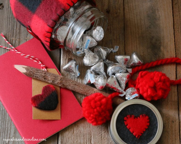 Buffalo check mason jar cozy - Valentine's Day Mason Jar - with red pom-poms and flannel heart cut outs - cupcakesandcrinoline.com