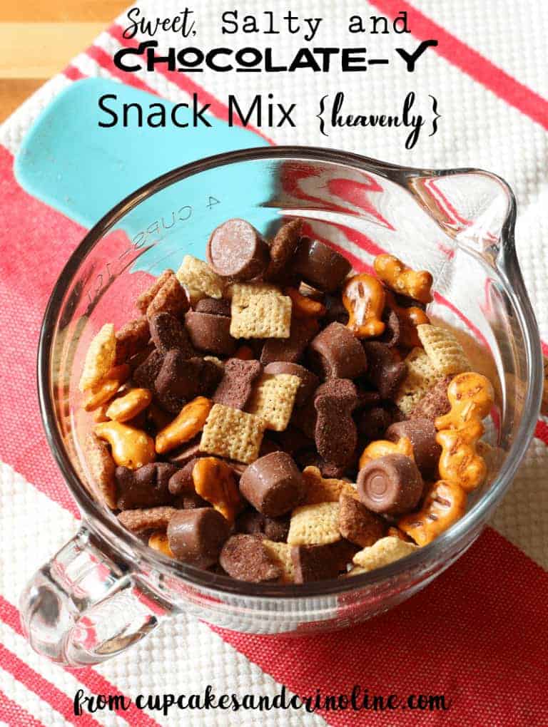 Sweet, salty and chocolatey snack mix from cupcakesandcrinoline.com