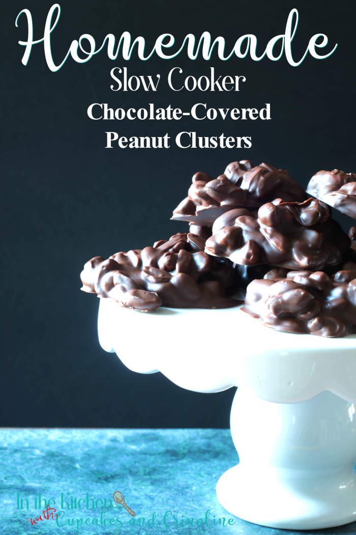 Homemade Slow Cooker Candy. These chocolate-covered peanut clusters taste delicious, can be made up to a month ahead of time and frozen and are perfect for gift giving and holiday entertaining. Get the recipe at www.cupcakesandcrinoline.com