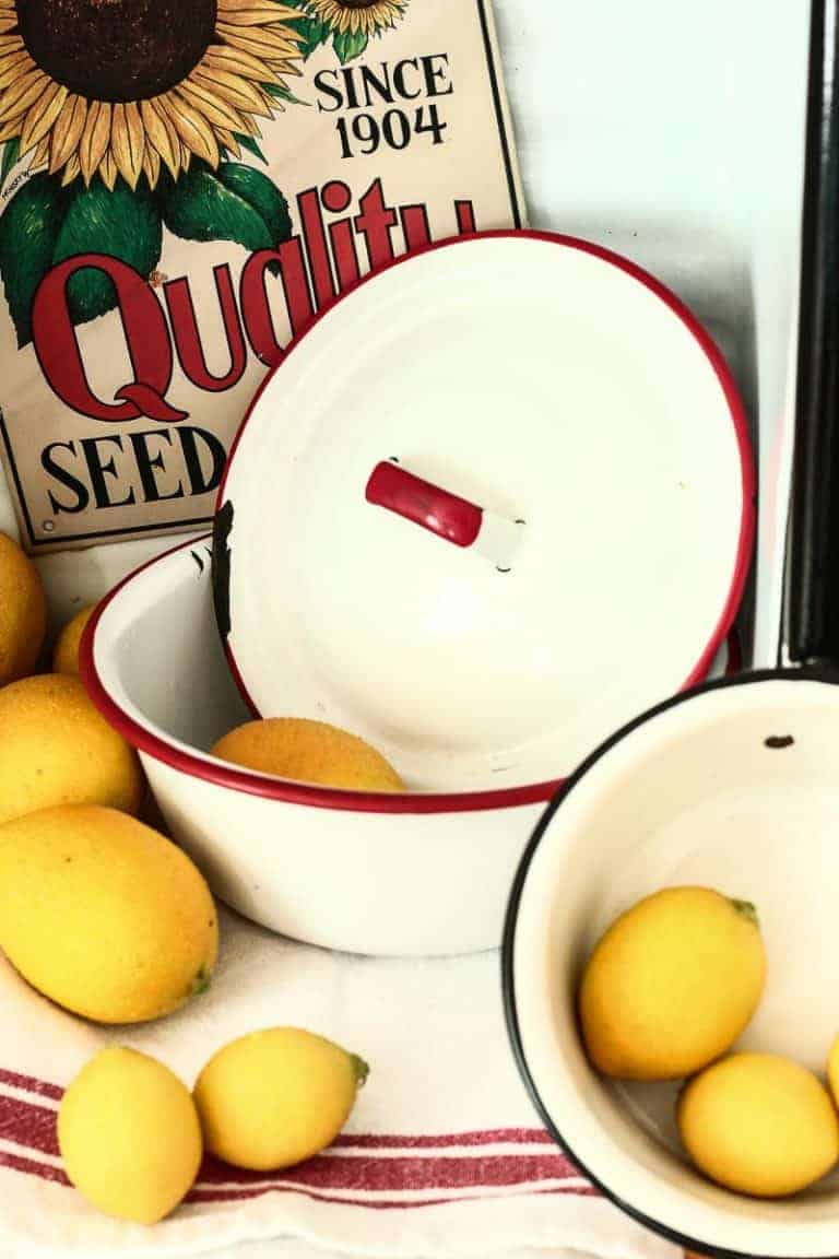 Enamelware bowls with lids and an enamelware refrigerator drawer - enamelware decorating ideas