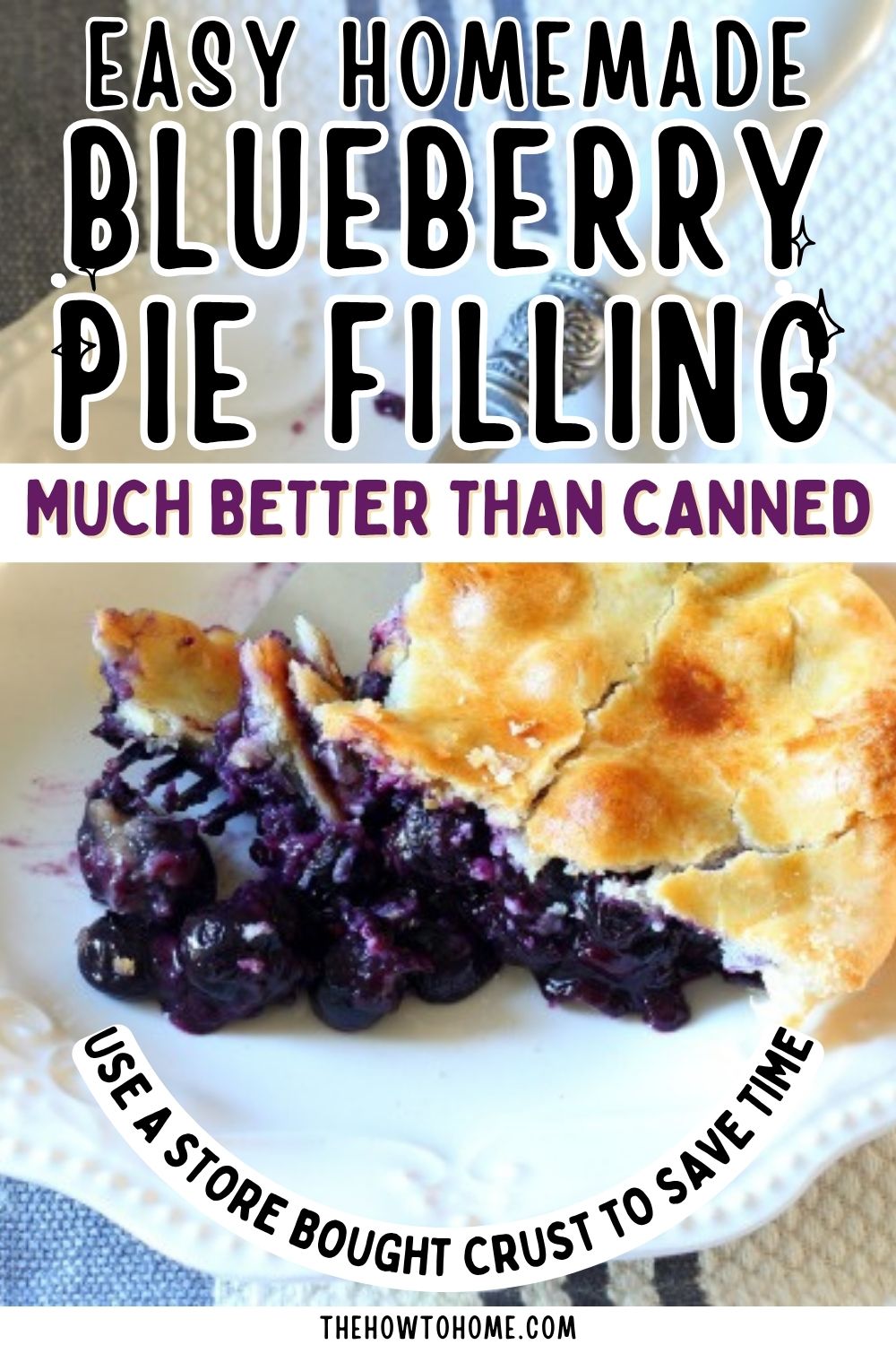 Slice of rustic blueberry pie with golden crust and juicy homemade blueberry filling, made with a store-bought crust and no canned ingredients.