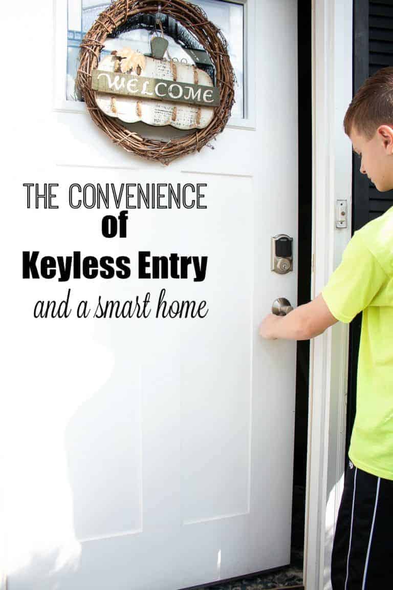 Schlage Connect Smart Lock installed on white front door with boy in yellow shirt opening door