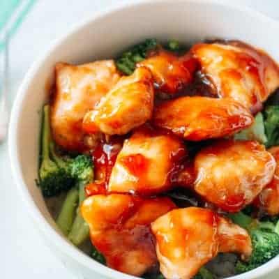 overhead view of chicken teriyaki in a bowl with broccoli and rice