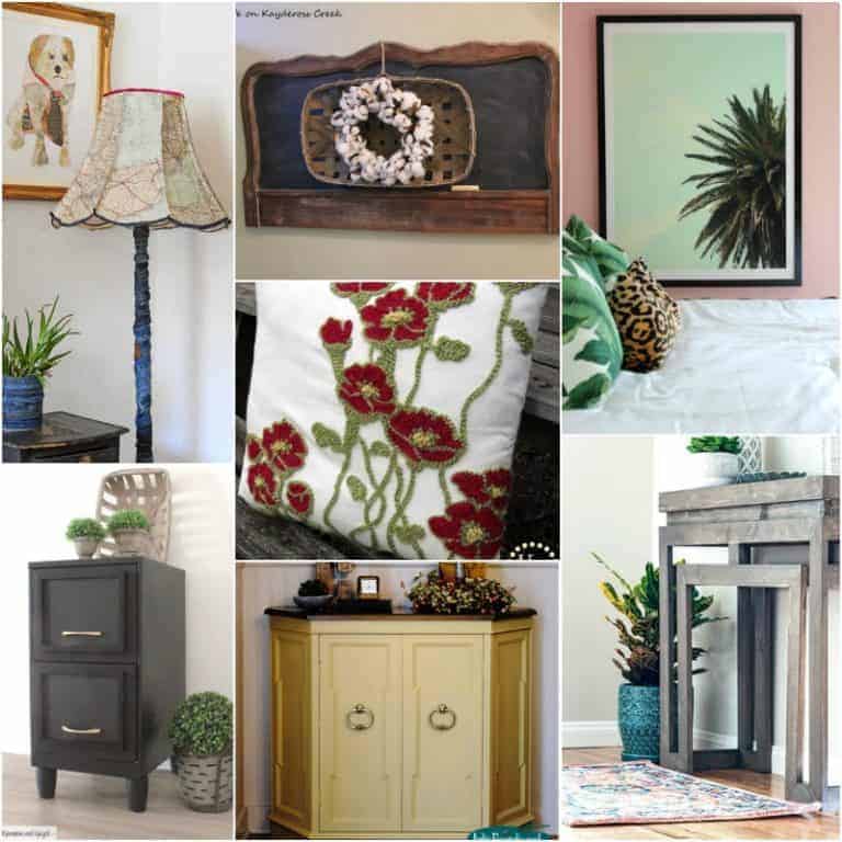 Square photo collection of home decor and DIY projects including a vintage map lampshade, a made over old metal file cabinet, a console table made for only $35.00, a DIY HUGE picture frame, a pottery barn knockoff pillow, and a headboard turned into a hanging chalkboard