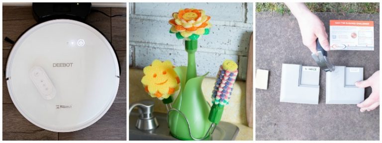 3 row collage of a robot vacuum, daisy sponges, and n-hance kitchen cabinet samples after being beaten up