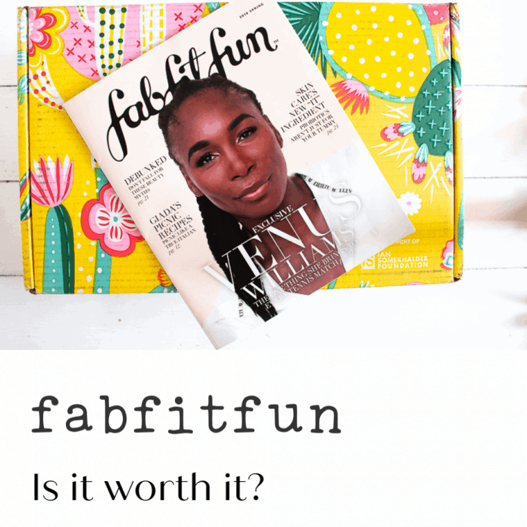 Pinterest photo of a fabfitfun box with Venus Williams magazine cover on top of it and the text, fab fit fun, is it worth it? An honest review from an over 40 boy mom with no time or money to waste.