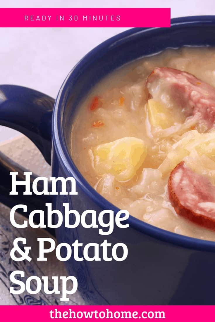 Ham Cabbage and Potato Soup in Blue Bowl