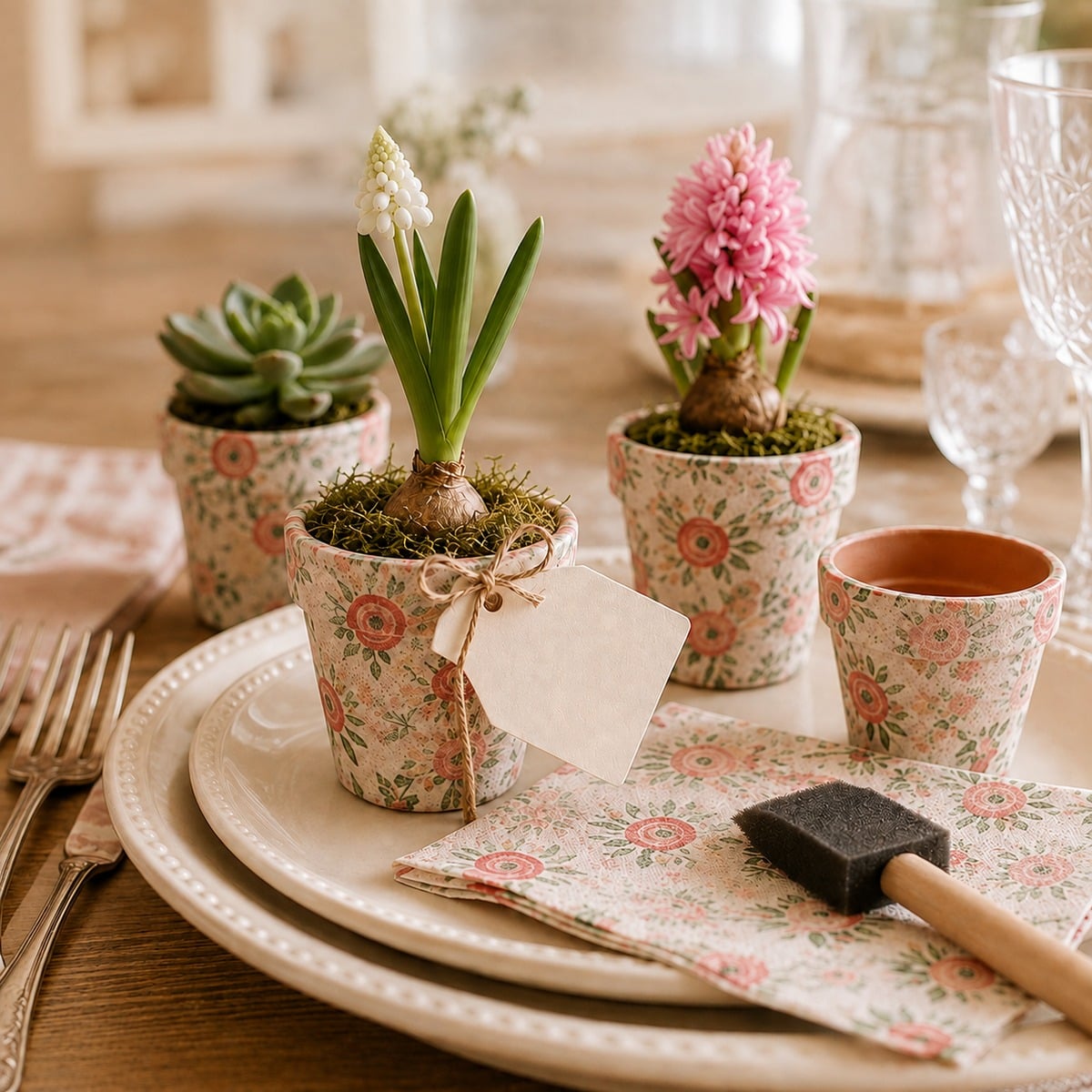 Mini terracotta pots decoupaged with a floral napkin used as place settings on a spring table