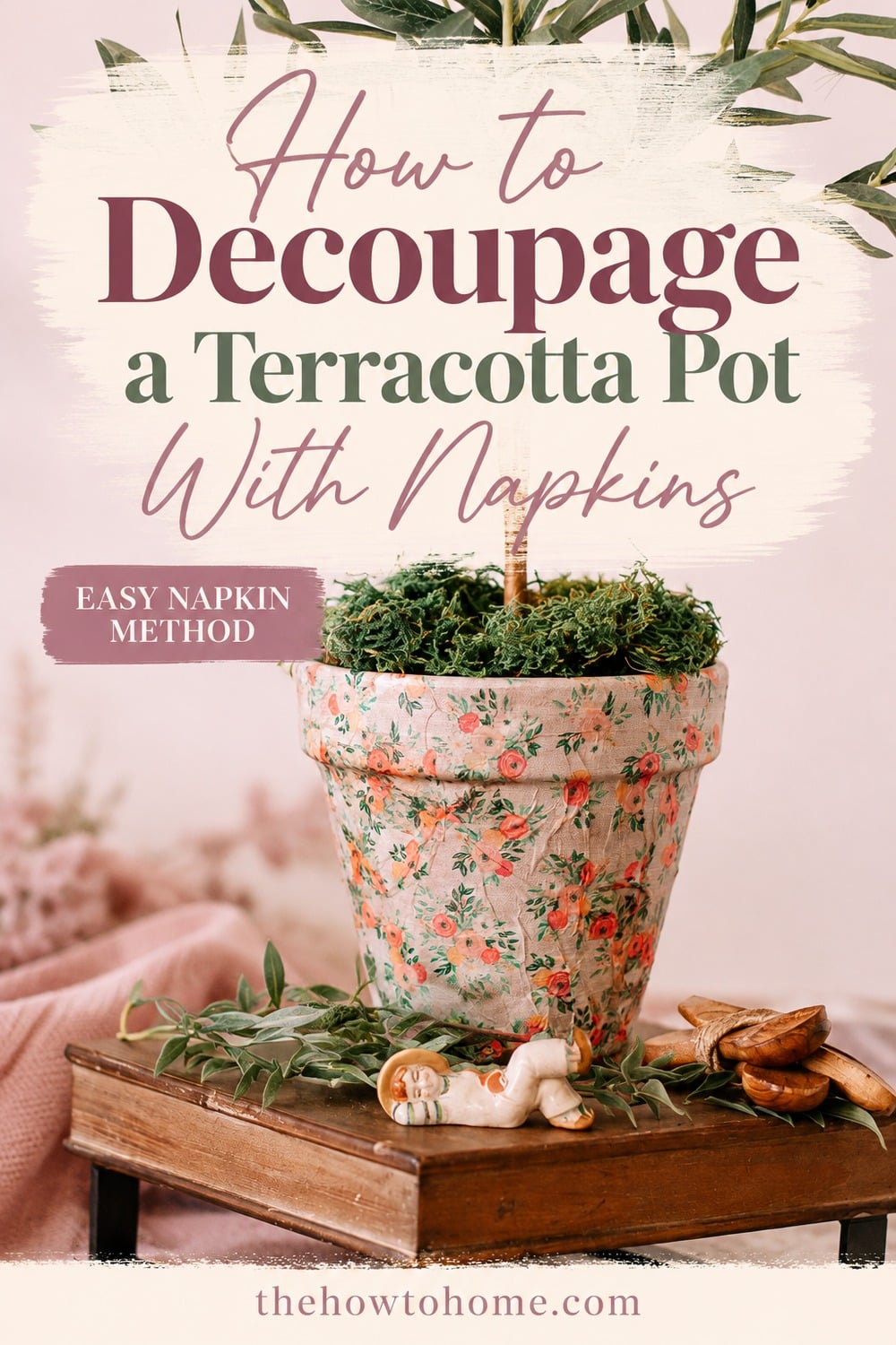 For anyone who has a plain terracotta pot sitting around and one pretty napkin left from a set. Peel the top layer, brush on Mod Podge, press it on, and seal it. That is the whole project.