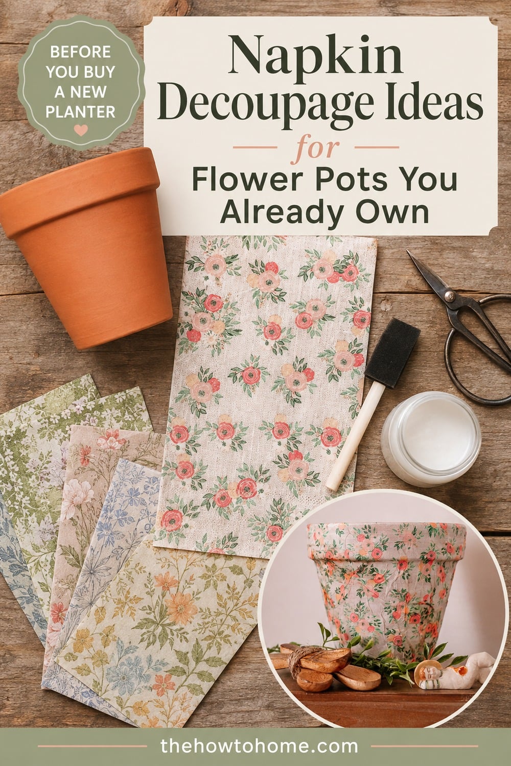 You do not need a new pot for this, the one you already have works. Any printed paper napkin and a bottle of Mod Podge turns a plain flower pot into a piece you would keep in the front window.