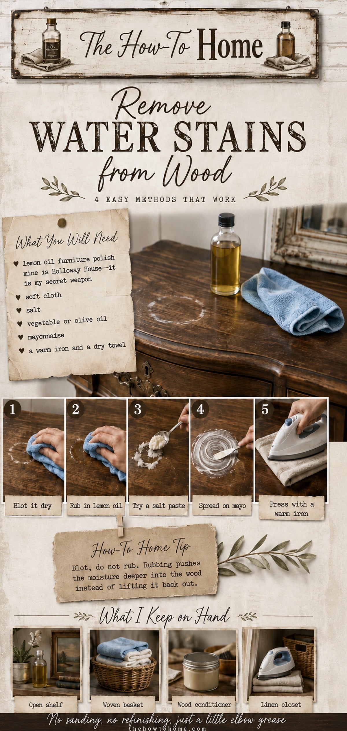 Infographic showing 4 easy methods to remove water stains from wood furniture, including lemon oil, salt paste, mayonnaise, and a warm iron