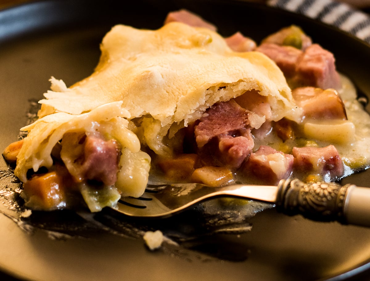 close up side view of a piece of leftover ham pie