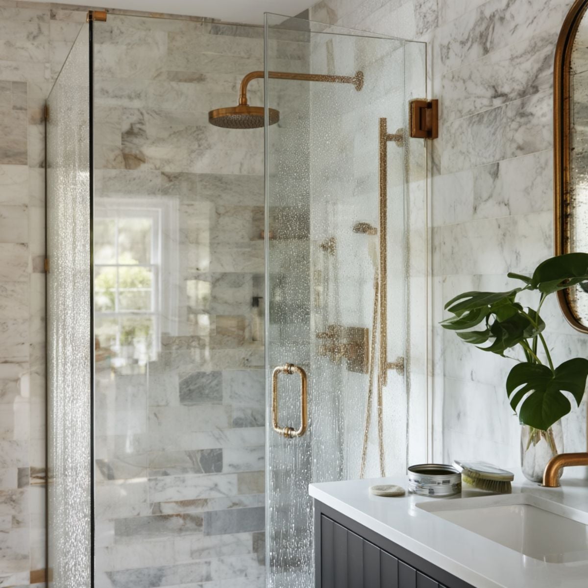 An elegant bathroom with marble tile walls and gold fixtures showing water spots and mineral buildup on a frameless glass shower door