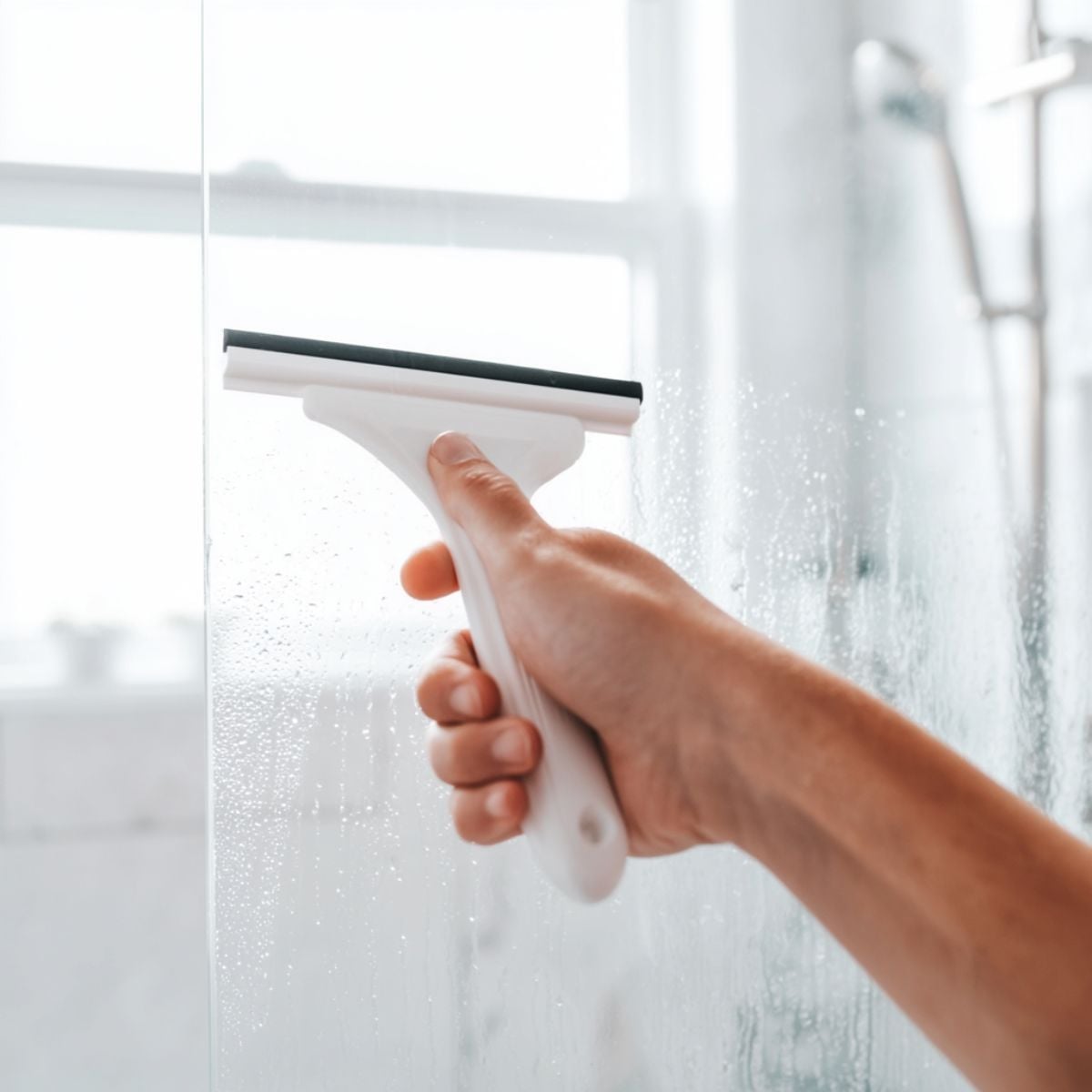 A hand using a white squeegee to remove water and soap residue from a wet glass shower door