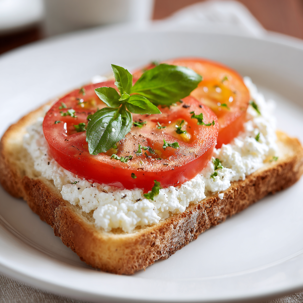 Close-up of toasted white bread topped with cottage cheese, fresh tomato slices, and basil on a white plate in a farmhouse kitchen
