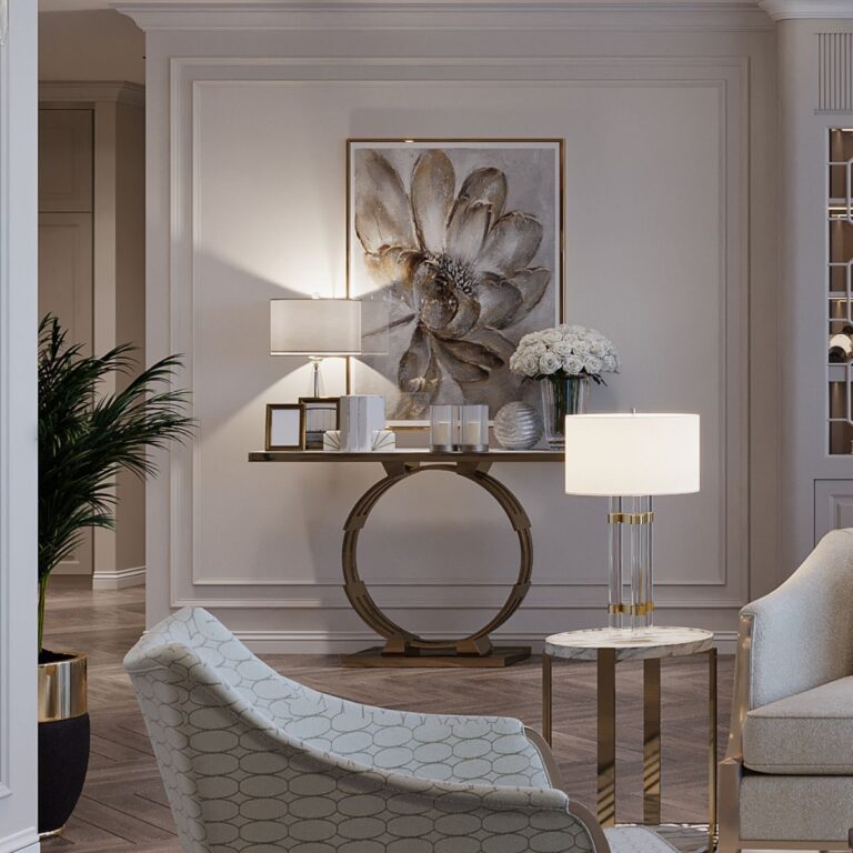 Large display of wall art on an accent wall in a living room.