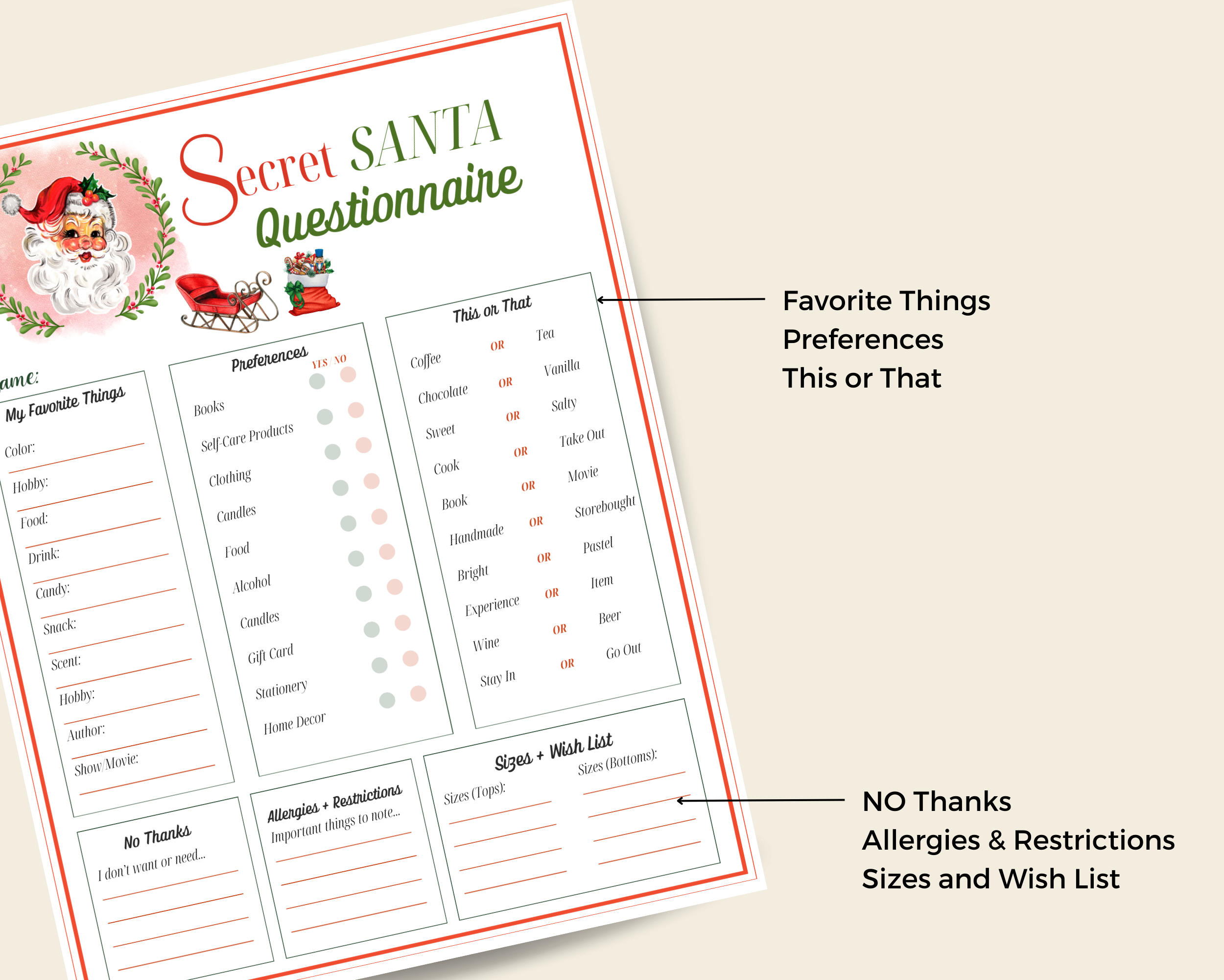 SECRET SANTA, Questionnaire Printable