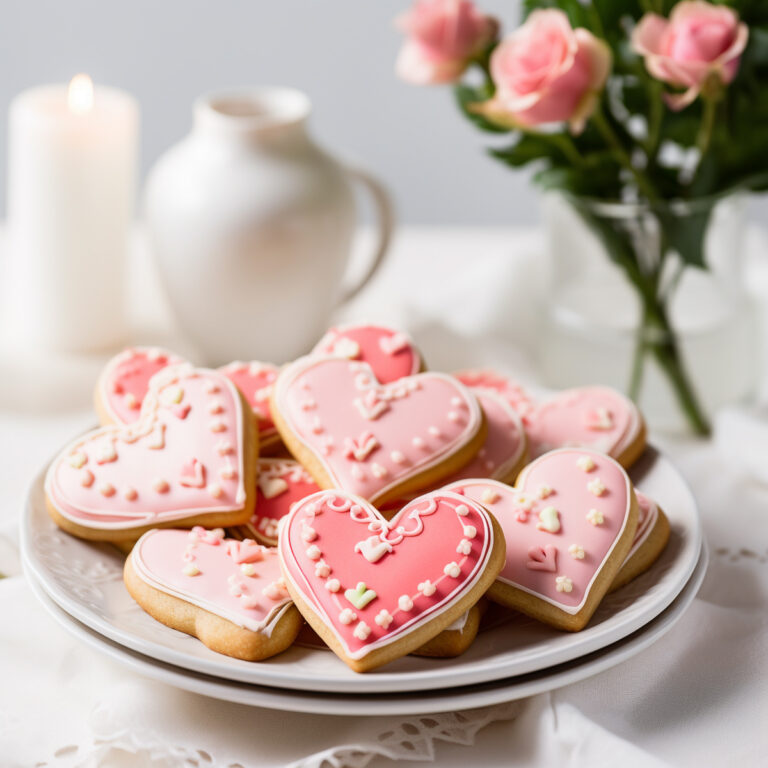 Heart-shaped cookies decorated with light and dark pink icing on a white plate with pink roses in the background on a white marble countertop.
