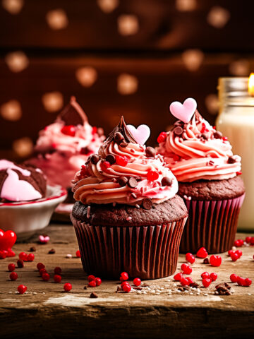 Chocolate cupcake topped with pink fluffy frosting and sprinkled with Valentine's Day heart sprinkles