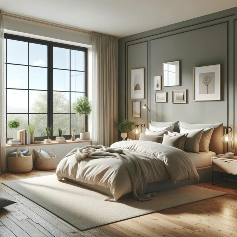 A cozy bedroom with natural light streaming through large windows. The room features a neatly made bed with soft, neutral-colored bedding and a cozy blanket. There are bedside tables with small lamps on either side of the bed, and the walls are painted in a calming shade. The floor is covered with a light-colored, plush rug, and the room is decorated with potted plants, books, and cushions, creating a warm and inviting atmosphere.