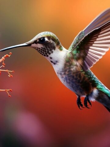 A hummingbird hovering near a flower.