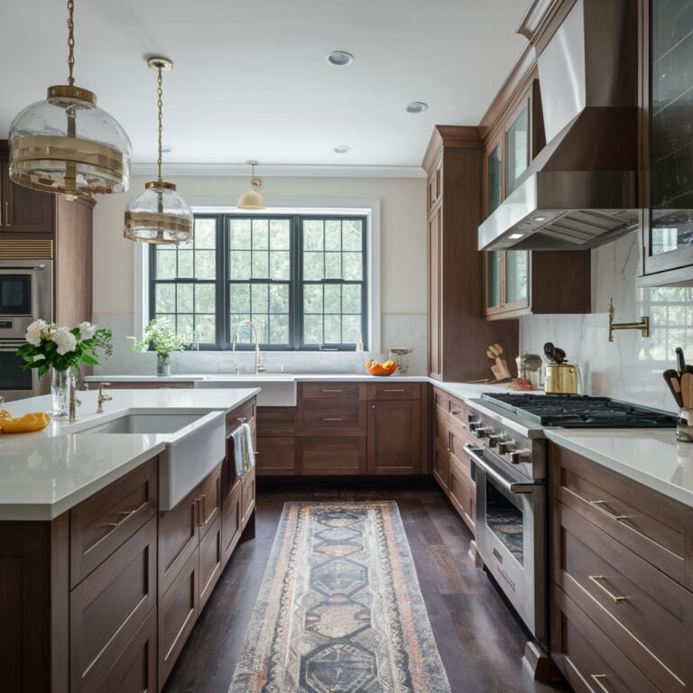 A contemporary kitchen with dark wood cabinets and a white marble countertop. The kitchen includes a large farmhouse sink, stainless steel appliances, and two round glass pendant lights with gold accents. There is a large window with black trim, and a patterned runner rug on the dark hardwood floor.