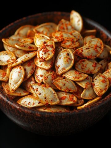 A dark bowl filled with crispy air-fried pumpkin seeds, dusted with a savory spice blend. The close-up captures the texture of the seeds, perfect for a fall snack.