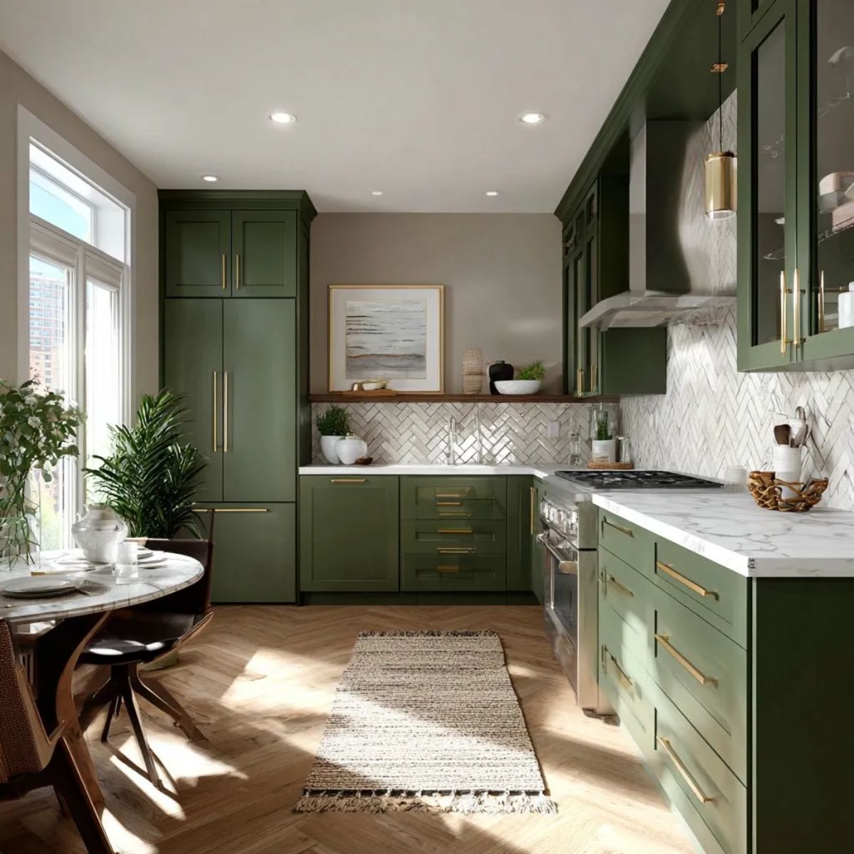 Forest green kitchen with gold hardware, marble backsplash and herringbone wood floors AI mockup