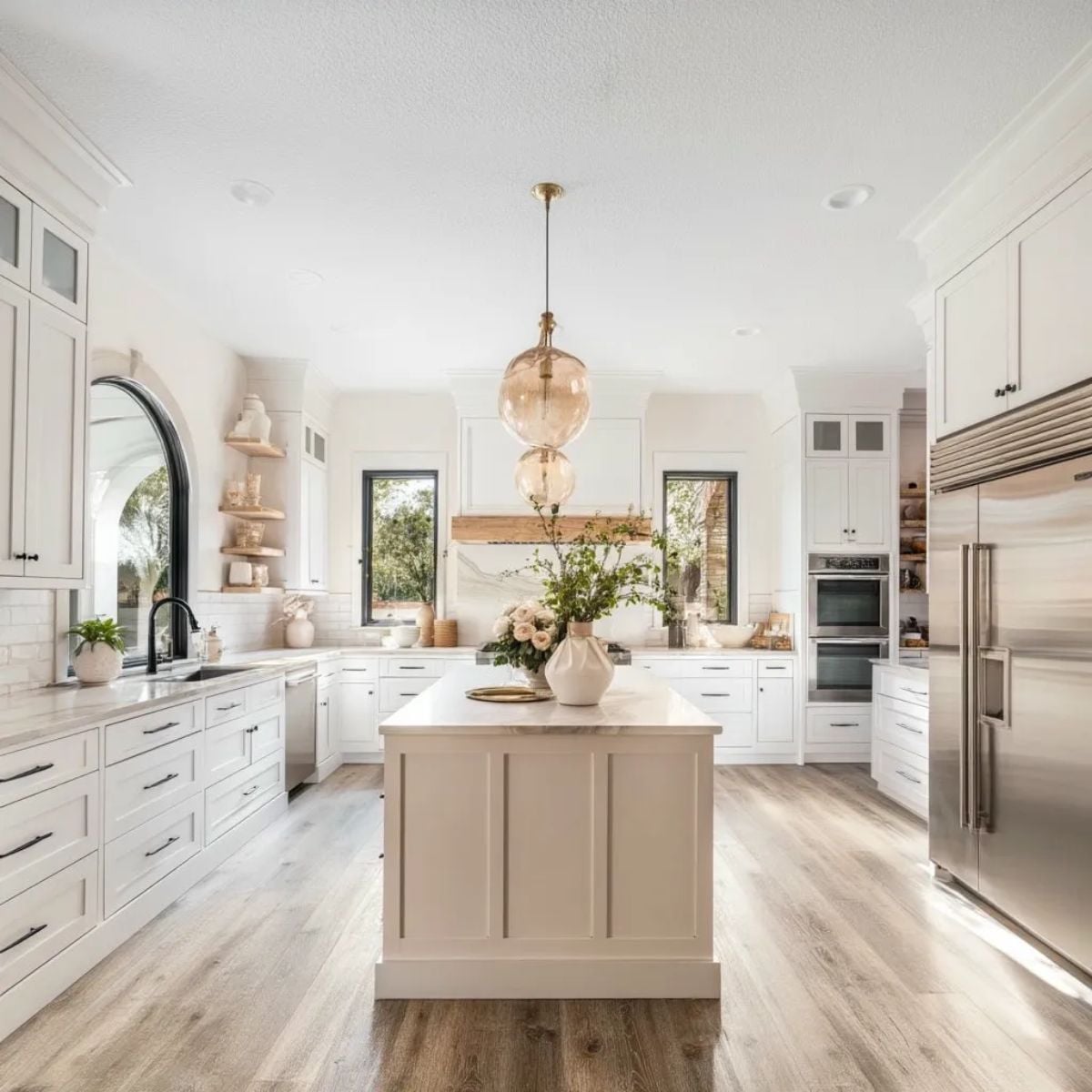 Bright white kitchen with marble countertops, black hardware, warm wood floors and gold pendant lights created with Midjourney AI