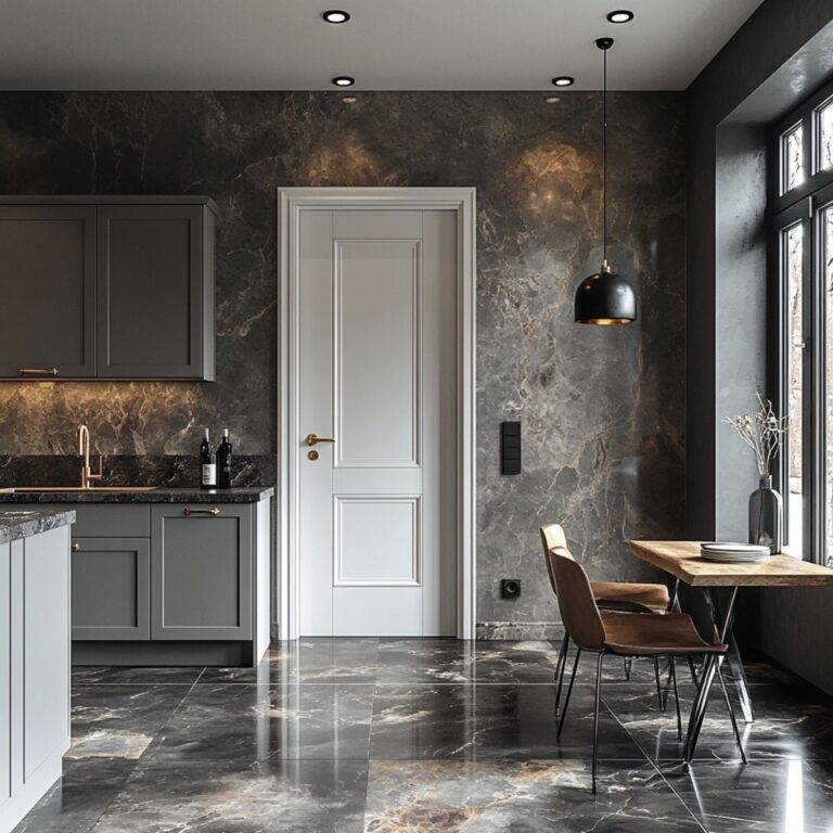 A white interior door with a classic panel design and a gold handle, situated in a modern kitchen featuring gray cabinets, dark marble walls, and flooring with warm lighting.