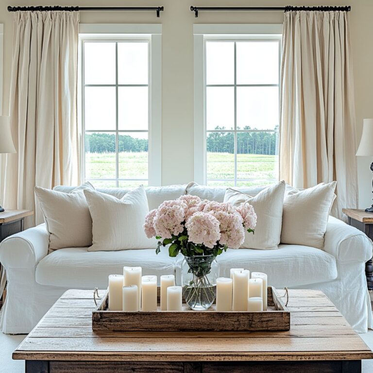 A bright and airy living room featuring a white slipcovered sofa adorned with cream-colored throw pillows. The space is framed by two large windows with beige curtains, allowing natural light to flood the room. A rustic wooden coffee table sits in the center, topped with a tray of white candles and a vase of pale pink flowers, creating a cozy and inviting ambiance.