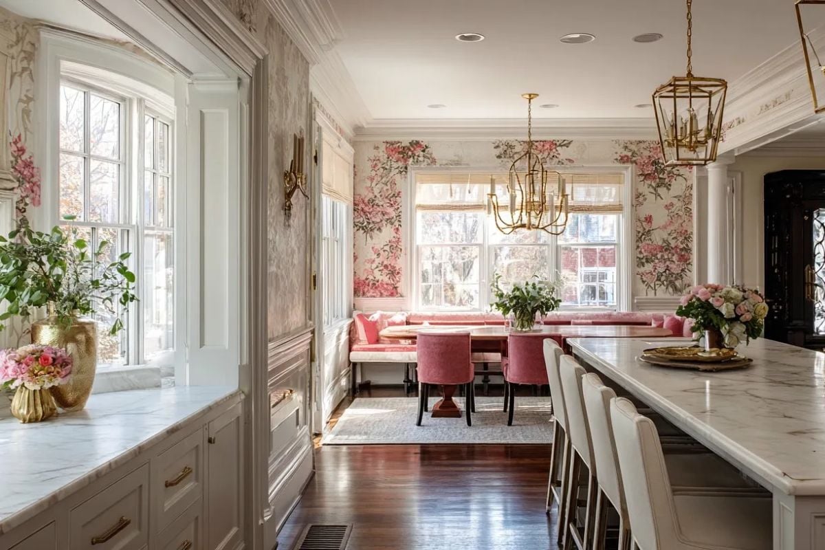 Elegant white kitchen with pink floral wallpaper, gold chandeliers and marble island AI design concept