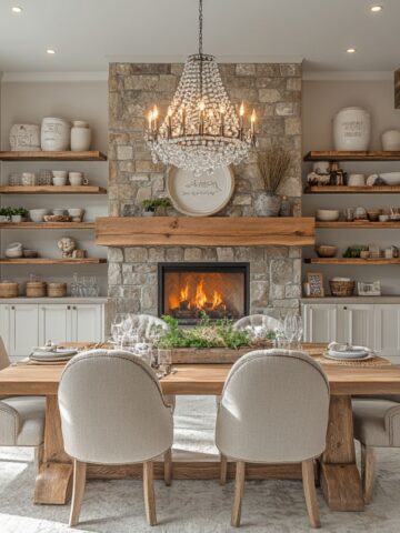 A cozy, modern farmhouse dining room showcasing a natural wood dining table set with cream tufted chairs. A crystal chandelier hangs over the table, enhancing the room's elegance. A stone fireplace with a wooden mantel serves as the room's focal point, adorned with farmhouse-style decor, including a large round sign and potted plants. The room also features open shelving filled with neutral ceramics and greenery, adding a rustic touch. Large windows illuminate the space, highlighting the inviting and warm aesthetic.