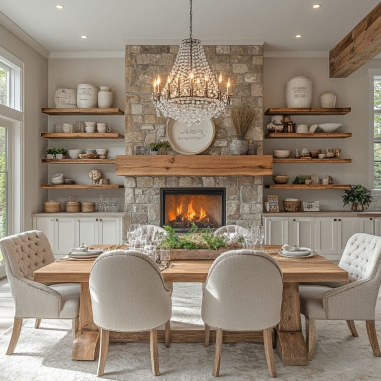 A cozy, modern farmhouse dining room showcasing a natural wood dining table set with cream tufted chairs. A crystal chandelier hangs over the table, enhancing the room's elegance. A stone fireplace with a wooden mantel serves as the room's focal point, adorned with farmhouse-style decor, including a large round sign and potted plants. The room also features open shelving filled with neutral ceramics and greenery, adding a rustic touch. Large windows illuminate the space, highlighting the inviting and warm aesthetic.