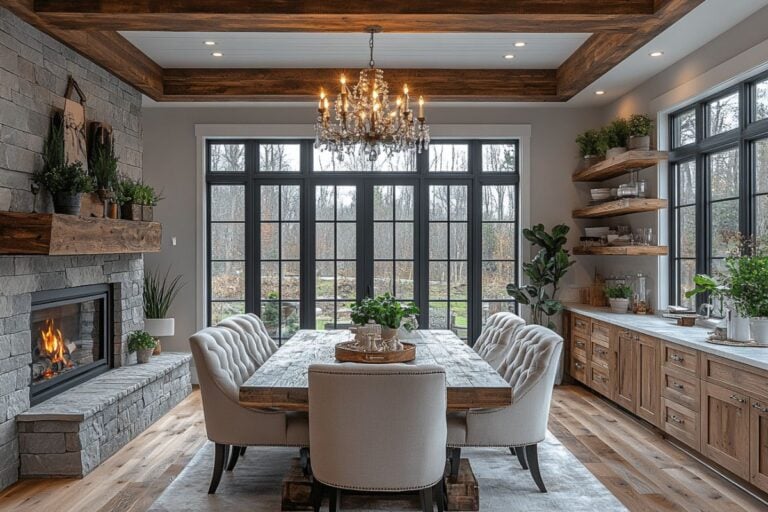 A modern farmhouse dining room with a rustic charm, featuring a large wooden dining table with a distressed finish surrounded by tufted cream-colored chairs. Above the table hangs a crystal chandelier that adds elegance to the room. A stone fireplace with a thick wooden mantel complements the rustic decor, decorated with potted plants and framed art. The space is framed by large black-framed windows, allowing natural light to flood in, and the room is decorated with greenery and open shelving filled with decorative items.