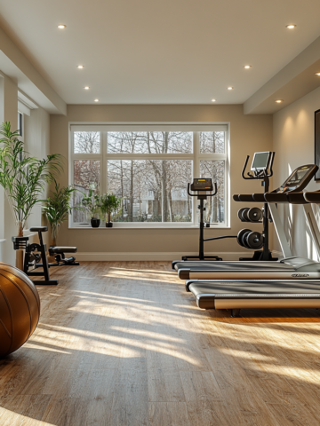 (Home Gym): "A clean, bright home gym with large windows letting in natural light. The gym includes modern equipment like treadmills, weights, and a fitness ball, arranged in a spacious area perfect for strength training and exercise.