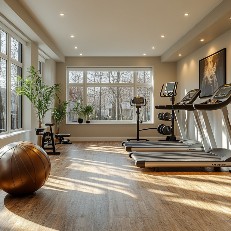 (Home Gym): "A clean, bright home gym with large windows letting in natural light. The gym includes modern equipment like treadmills, weights, and a fitness ball, arranged in a spacious area perfect for strength training and exercise.