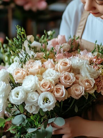 A close-up of a florist arranging a bouquet of soft pastel-colored roses and lisianthus, featuring white and blush tones, with green foliage accents in a serene floral shop setting.