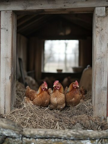 Three brown hens sitting on a bed of straw at the entrance of a rustic red wooden chicken coop. The coop interior is dimly lit, with a view of the outdoor winter landscape through the open doorway
