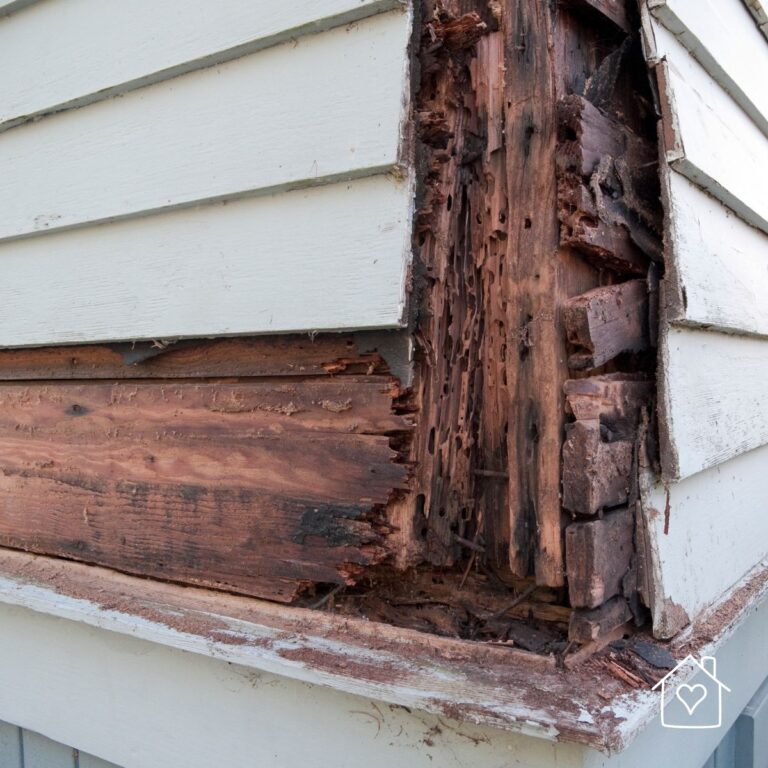 Close-up view of severe dry rot damage on the corner of a house, showing deteriorating wooden structure beneath light-colored siding. The wood is discolored, cracked, and has deep holes and crumbly texture due to fungal decay. The siding is partially removed to expose the extent of the damage.