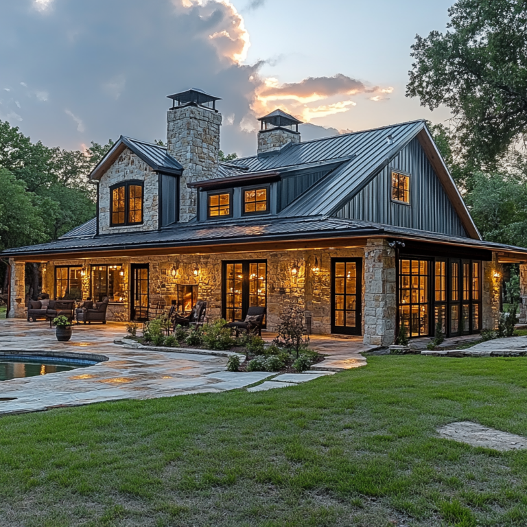 This image features a beautifully designed barndominium-style home with a rustic charm. The exterior showcases a combination of natural stone and dark metal siding, topped with a metal roof. Large windows and French doors allow ample light to flood the interior. The house is surrounded by a well-manicured lawn and a stone patio that features cozy seating areas and a nearby pool. Warm ambient lighting enhances the inviting atmosphere, while lush greenery and mature trees frame the picturesque setting against a vibrant evening sky.