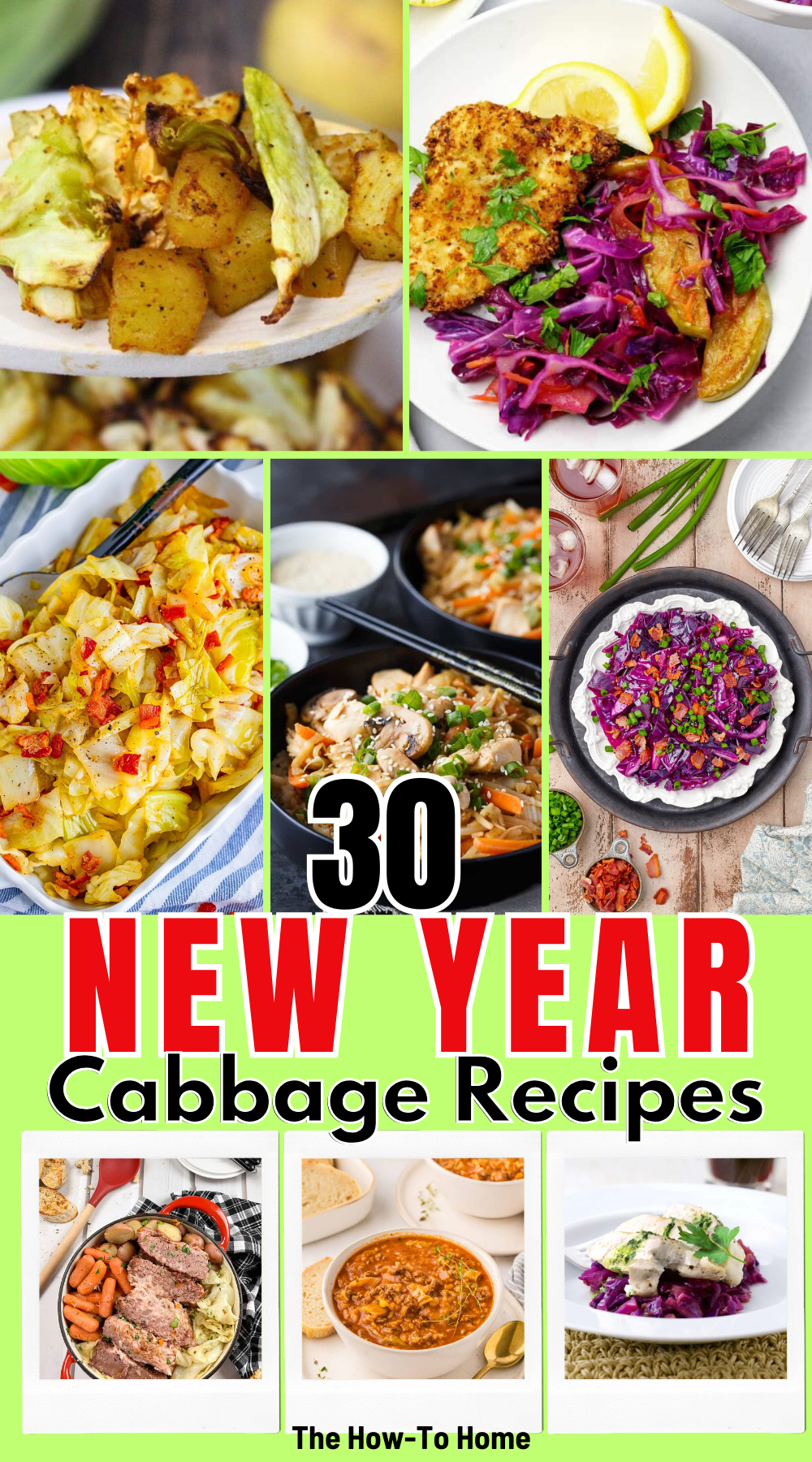 Collage of healthy cabbage recipes including fried cabbage, cabbage stir fry, soups, shredded cabbage salads, and easy cabbage side dishes.